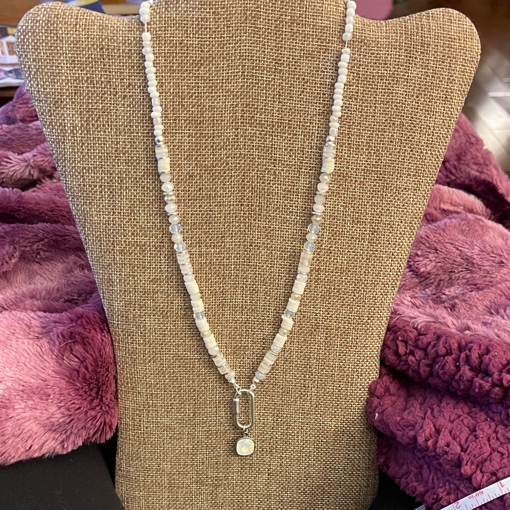 Chic Pink Panache Cream Beaded Necklace With Opal Cushion Cut Pendant